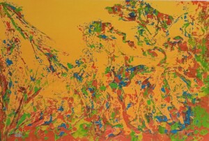 crylic, tissue paper and thread on cotton canvas, 50 x 70 cm