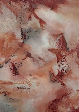 acrylic creation, sand, tissue paper, organza, and thread on cotton canvas, 70 x 50 cm