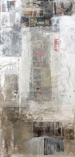 collage, gaze, acrylic, newspaper, aluminum, wire, paper cm 45.5×90