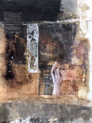 collage, transfer, gaze, coffee, sumi lndia ink, metal, acrylic, paper cm 38 x 50